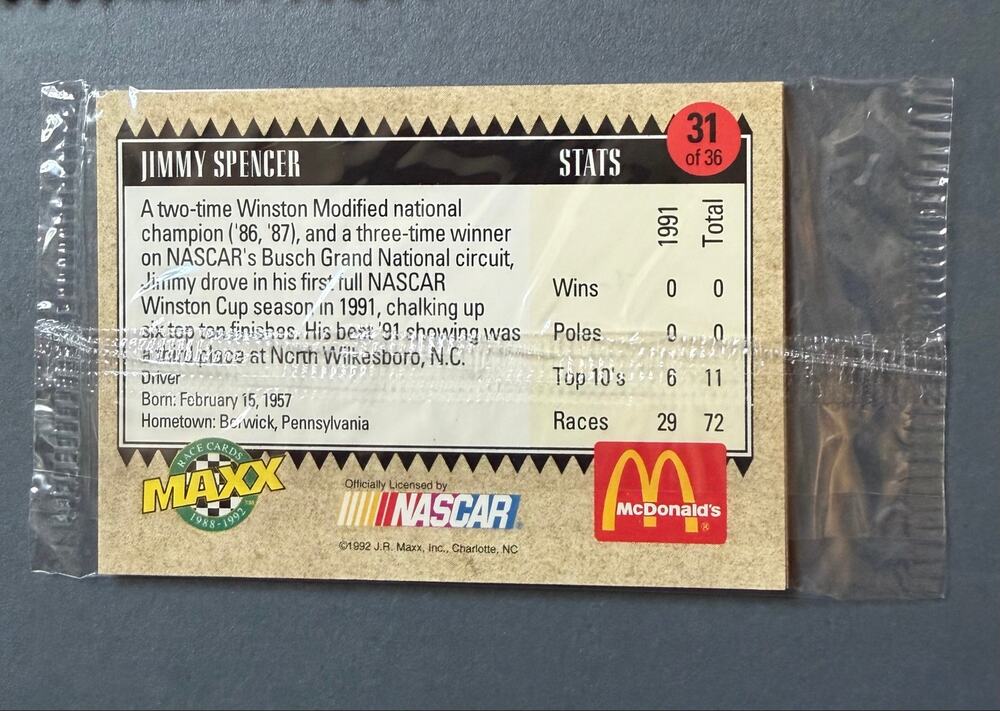 Jimmy Spencer NASCAR vintage McDonald’s All Star race team 1992